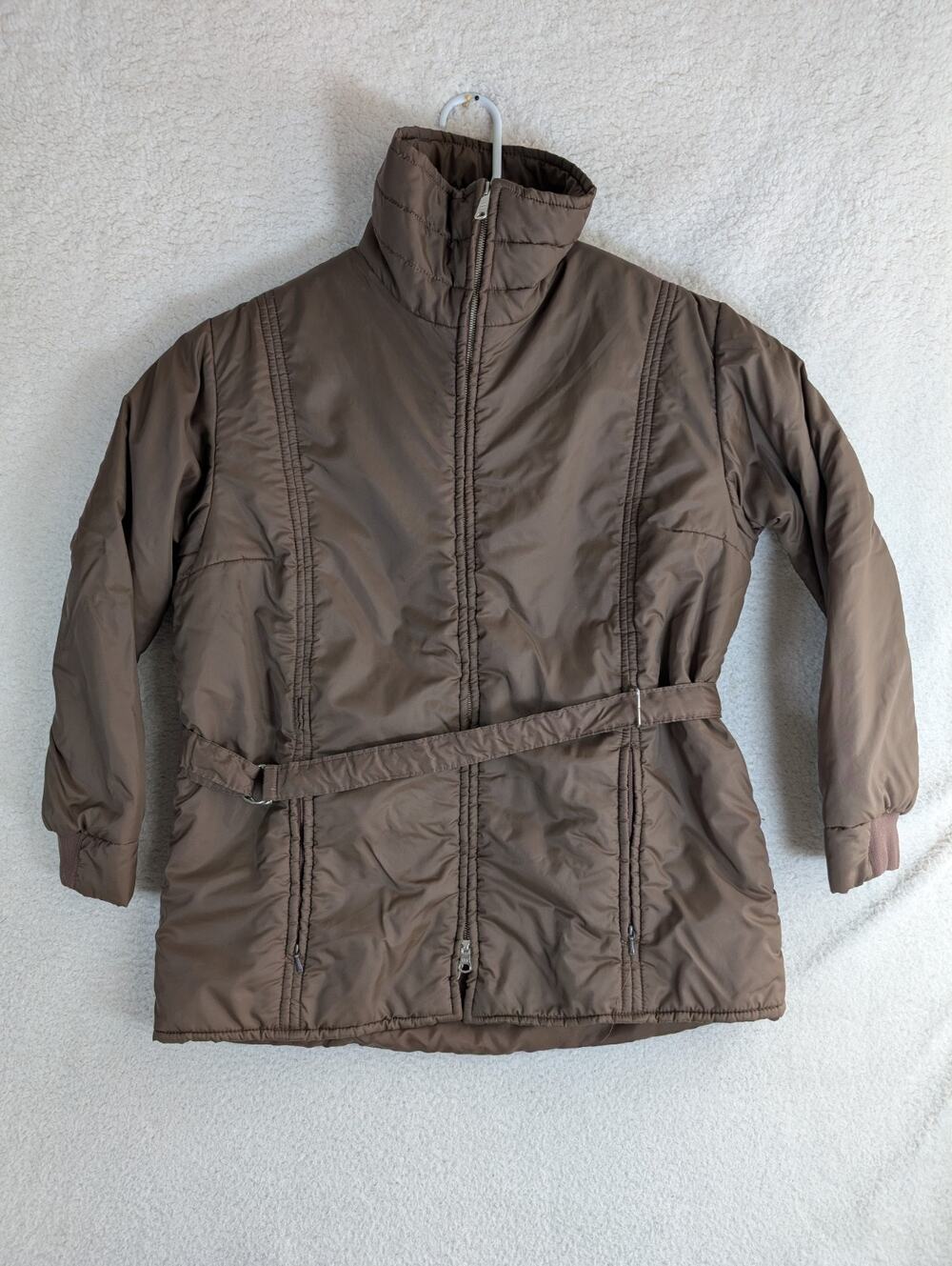 Vintage Penneys Jacket Nylon Womens Large Brown Poly Fill Belted 50s 60s